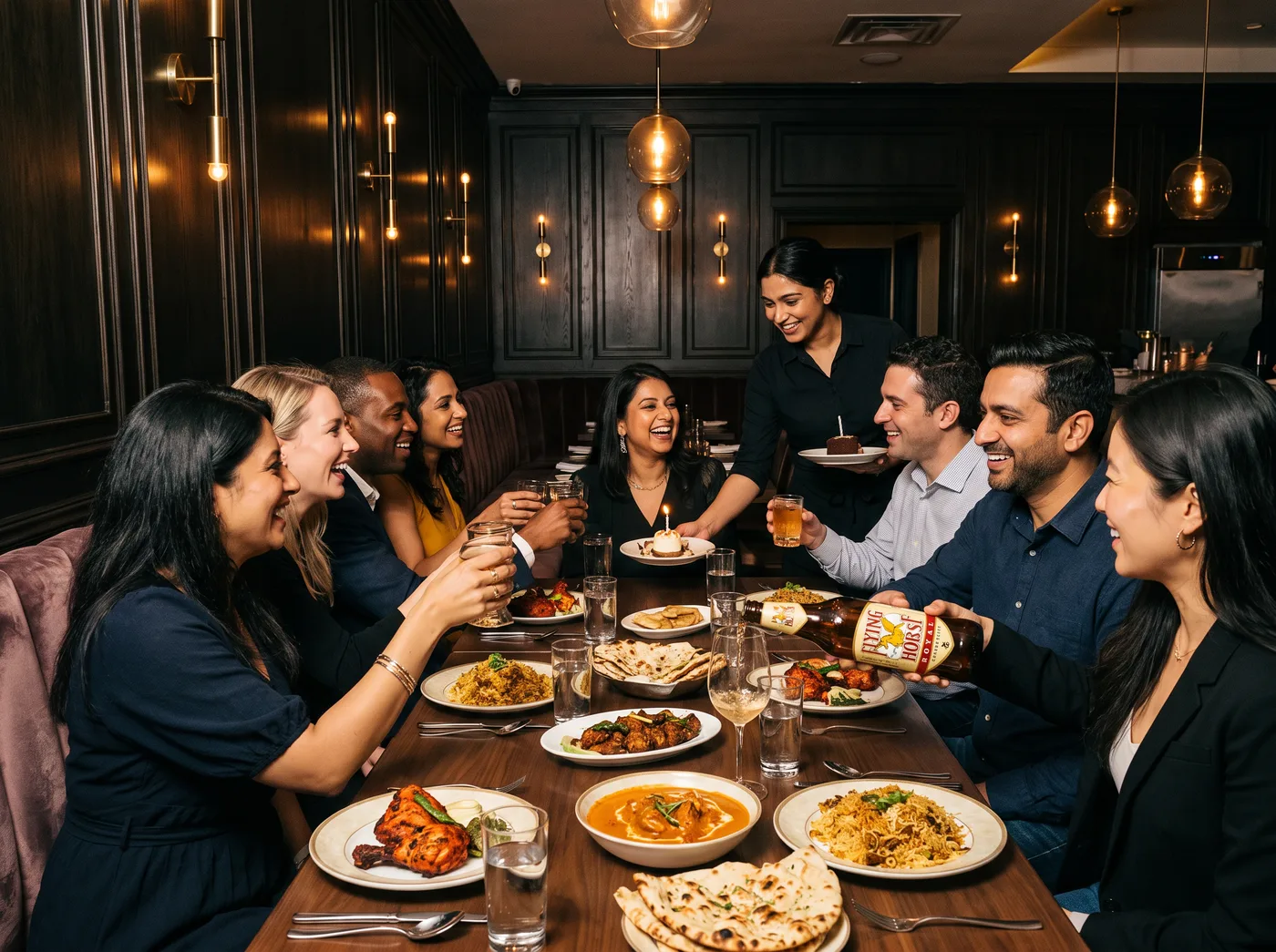 Friends toasting a birthday at an upscale Indian restaurant as Flying Horse is poured