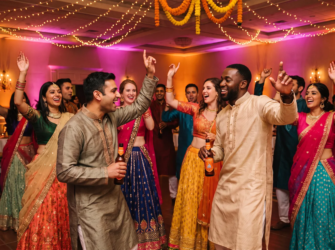 Friends in festive Indian outfits dancing at a sangeet, two holding Maharaja beers